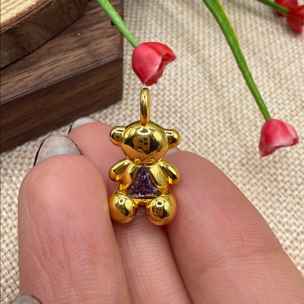 Gold Teddy Bear Pendant with Beaded Necklace